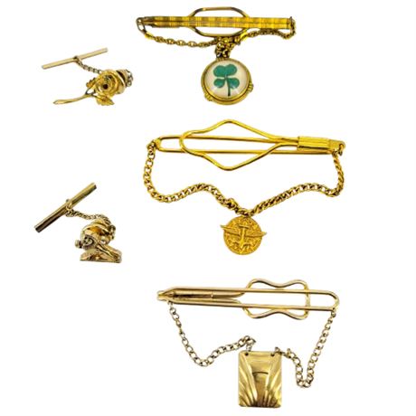 Vintage Lot of 5 Gold Tone Tie Tacks and Tie Clasps