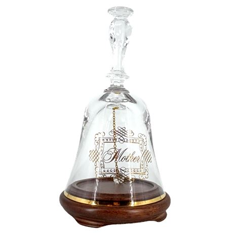 Vintage Mother Glass Bell with Wood Base and Hanging Clapper