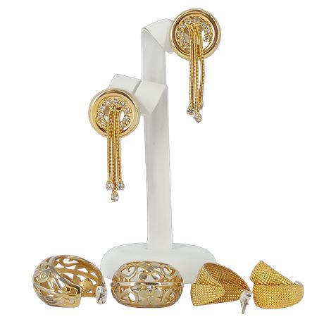 Lot of 3 Pairs Vintage Gold Tone Earrings — Textured, Filigree, & Rhinestone