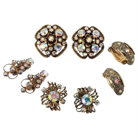 Four Pairs Vintage Gold Tone Aurora Borealis Rhinestone Clip Earrings