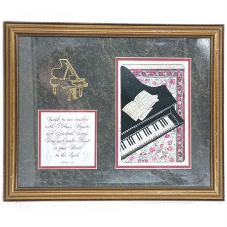 Vintage Framed Piano & Hymn Inspirational Wall Art Print w/ Ephesians 5:19