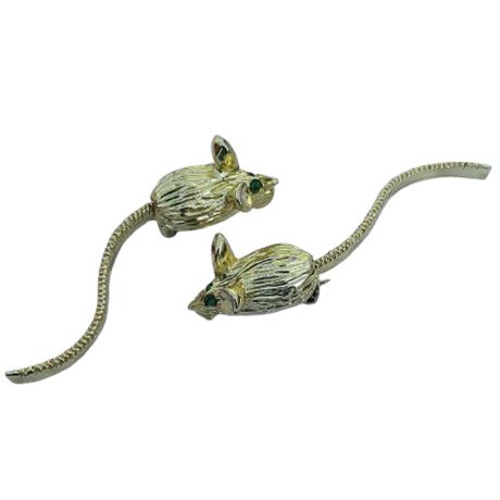Vintage Gold Tone MICE Pins with Green Rhinestone Eyes