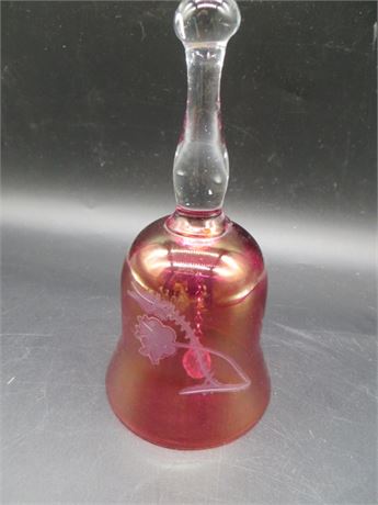 Cranberry Red Glass Vintage Bell w/Ethced Flower & Clear Glass Handle