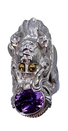 Exceptional Sterling Silver & Amethyst Dragon Ring, Made in Nepal