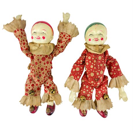 Vintage Celluloid & Tin Wind-Up Tumbling Clowns