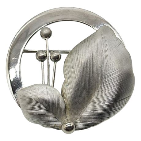 Vintage EMMONS Silver Tone Leaves Circle Brooch
