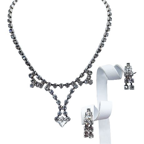 Unsigned Clear Rhinestone Necklace & Earrings Set
