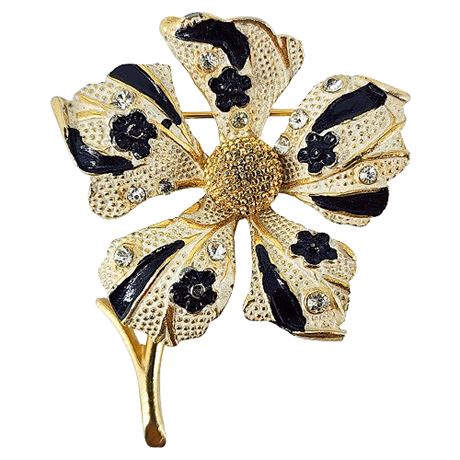 Vintage BSK Enamel & Rhinestone Flower Brooch