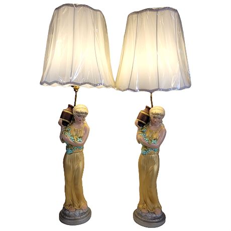 Pair HUGE Hollywood Regency Holland Mold Hand Painted Lamps