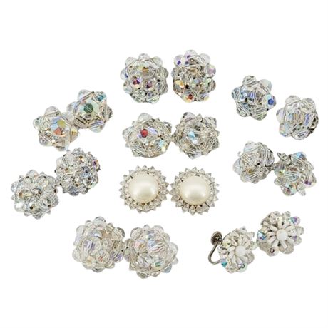 Nine Pairs Vintage Aurora Borealis Bead Cluster Clip Earrings