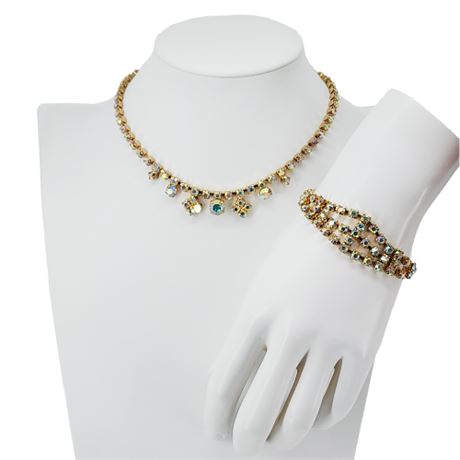 Vintage Prong Set Aurora Borealis Rhinestone Necklace & Bracelet