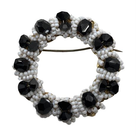 60s white and black mod beaded brooch