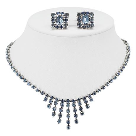 Vintage Prong Set Ice Blue Rhinestone Fringe Necklace & Clip Earrings