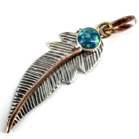 Sterling Silver Feather Pendant with Blue Opal Inlay – Mixed Metal