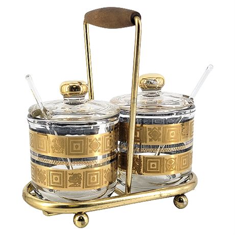 Mid-Century Jeannette Glass Gold Condiment Jar Set w/ Glass Spoons & Metal Caddy