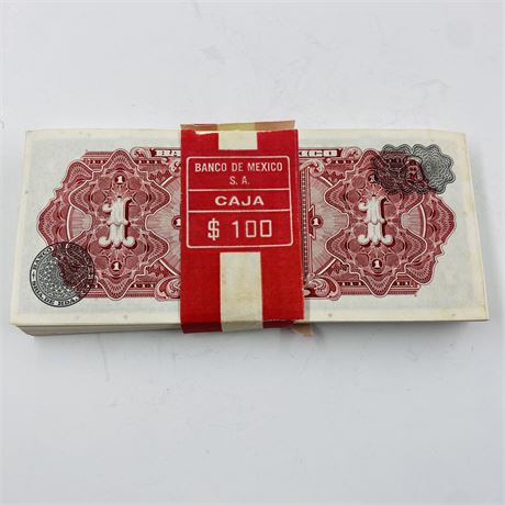 100 Consecutive 1970 Mexico 1 Peso Aztec Calendar Note