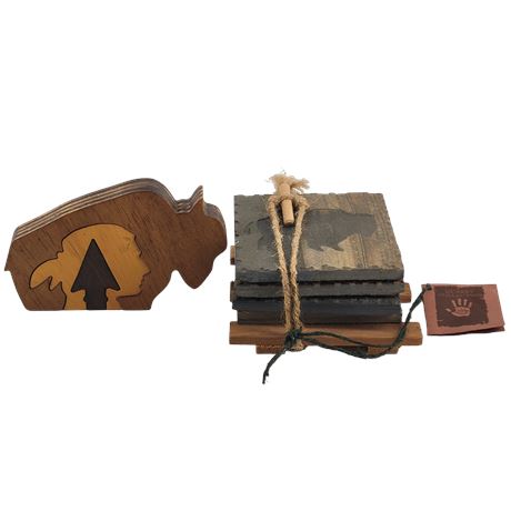 Handmade Wood Buffalo Indian Arrowhead Puzzle / Quarry Buffalo Slate Coaster Set