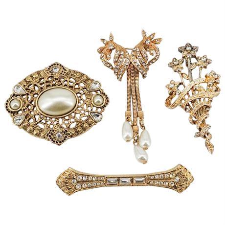 Four Vintage Victorian Revival Gold Tone Rhinestone Brooches