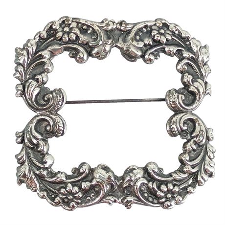 Vintage Rococo Revival Silver Tone Sash Pin Brooch