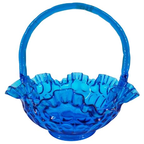 Vintage Fenton Colonial Blue Thumbprint Ruffle Edge Basket