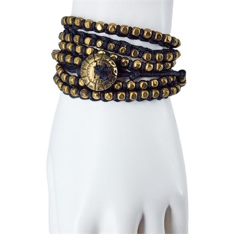 Artisan Made Brass Bead  Black Cord Wrap Bracelet