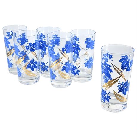 Mid-Century Blue & Gold Leaves Glass Tumblers, Set of 6