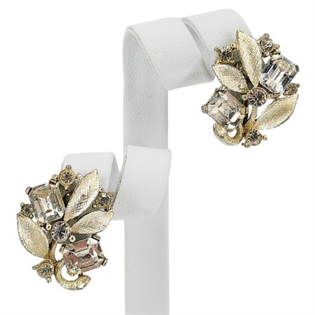 Vintage LISNER Textured Leaves & Rhinestones Clip Earrings