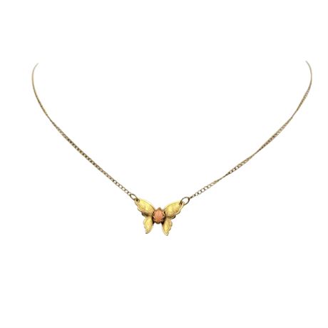 Vintage Gold Tone Butterfly Pendant with Peach Stone Necklace