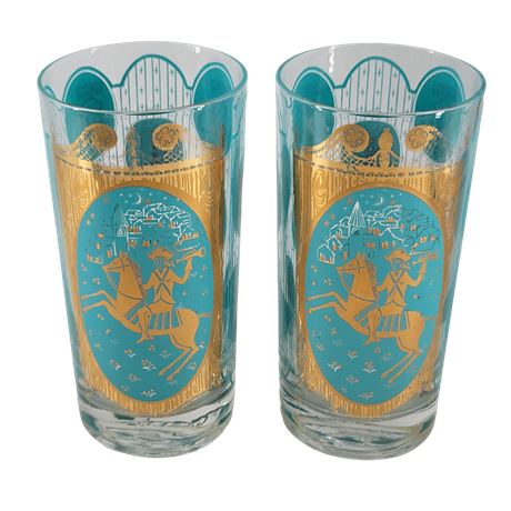 Ned Harris Early America Highball Tumblers Turquoise & Gold - Set of 2