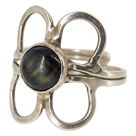 Vintage Sterling Silver Hawk's Eye Flower Ring, Adjustable