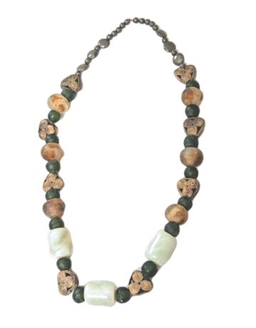 Heavy Handmade Celtic Glass, Metal & Semiprecious Stone Jade Necklace