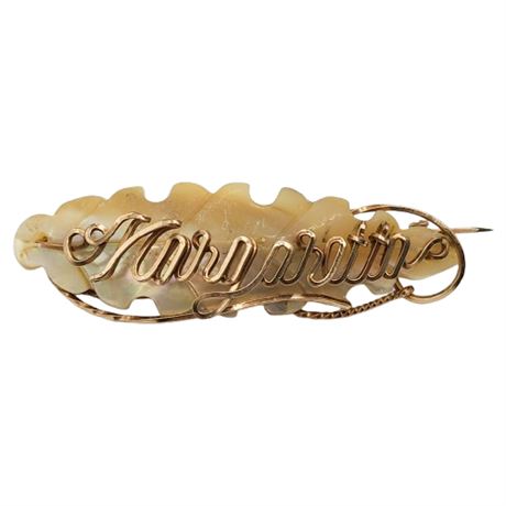 Vintage Carved Mother of Pearl & Gold Filled Wire "Margaretta" Name Brooch