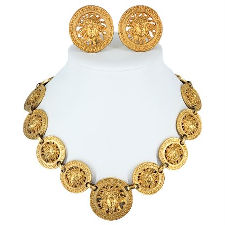 Vintage Gold Tone Greek Key Medusa Medallion Necklace & Clip Earrings Set