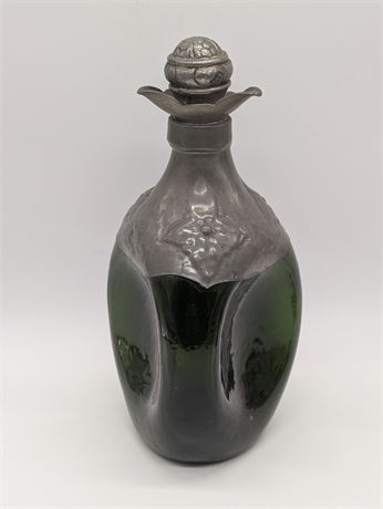 Vintage Denmark Danish Decanter Pewter Flowers Green Glass Bottle