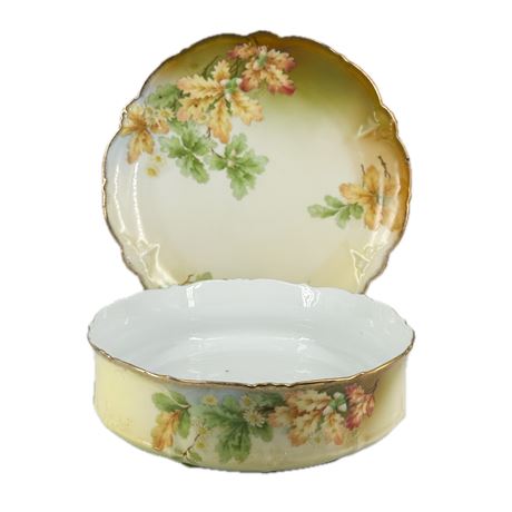 Bavarian Porcelain "Autumn" Pattern Hand Painted Serving Dish & Bowl