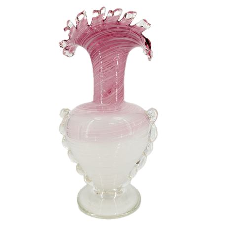 Vintage Murano Art Glass Pink Swirl Vase w Gold Flecks