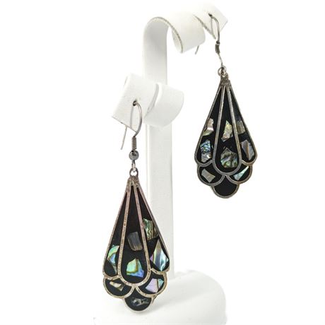 Stamped Alpaca Mexico Abalone Inlay Drop Earrings, Teardrop Mosaic, Vintage