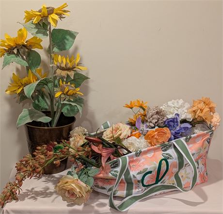 Lot New Fabric Flowers + Fabric Sunflower in Pot + Storage Bag