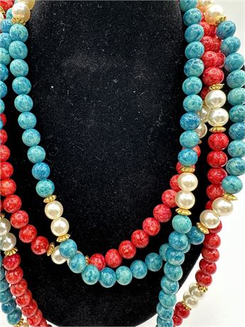 2 Beaded Necklaces Aqua and Coral