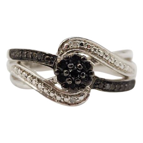 Vintage Sterling Silver Black Diamond Ring, Sz 7.25