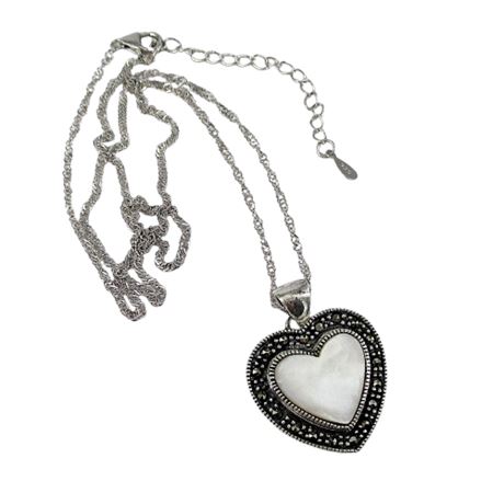 Mother of Pearl & Marcasite HEART 925 Sterling Silver Pendant Necklace