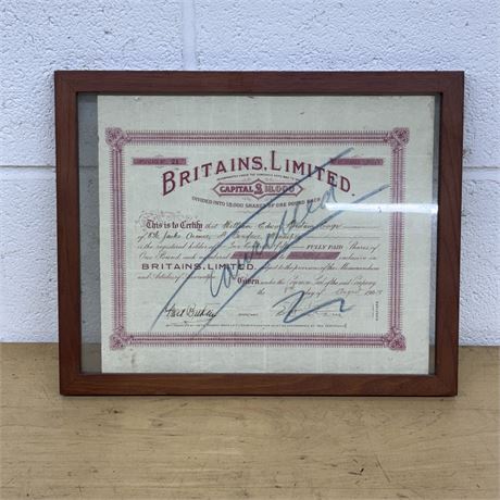 Britains, Limited Stock Certificate - Framed