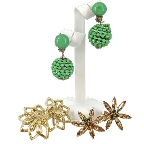 Vintage Clip-On Earring Lot – Gold Bow, Green Bead Drops & Rhinestone Starburst