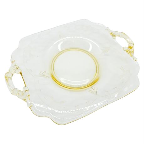 Vintage Cambridge Glass Etched Vaseline Glass Handled Plate
