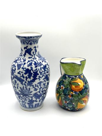 Chinese Vase & Hand Painted Italian Pitcher