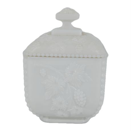 Westmoreland White Milk Glass Lidded Candy Dish, Grape and Leaf Design