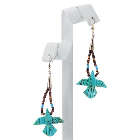 Native American Sterling Silver Carved Turquoise Bird Earrings