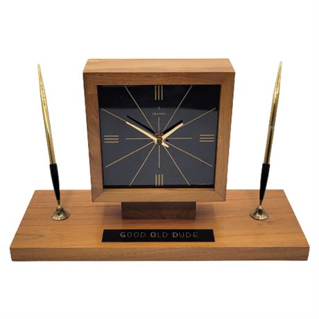 Vintage Barhill "Good Old Dude" Walnut Desk Clock w/ Pen Holders