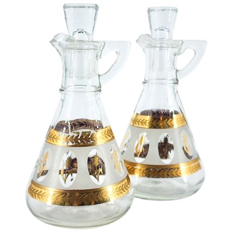 Mid-Century Anchor Hocking Golden Wheat Glass Cruet Set w/ Stoppers