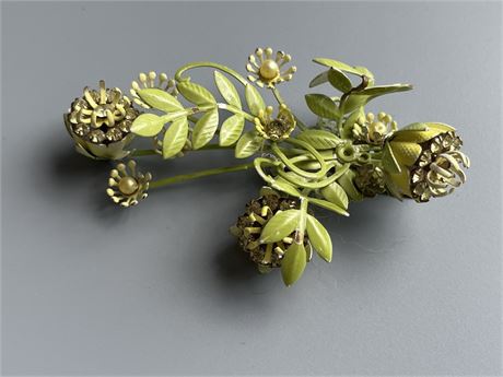 Vintage green enamel and rhinestone flowered 3 inch brooch